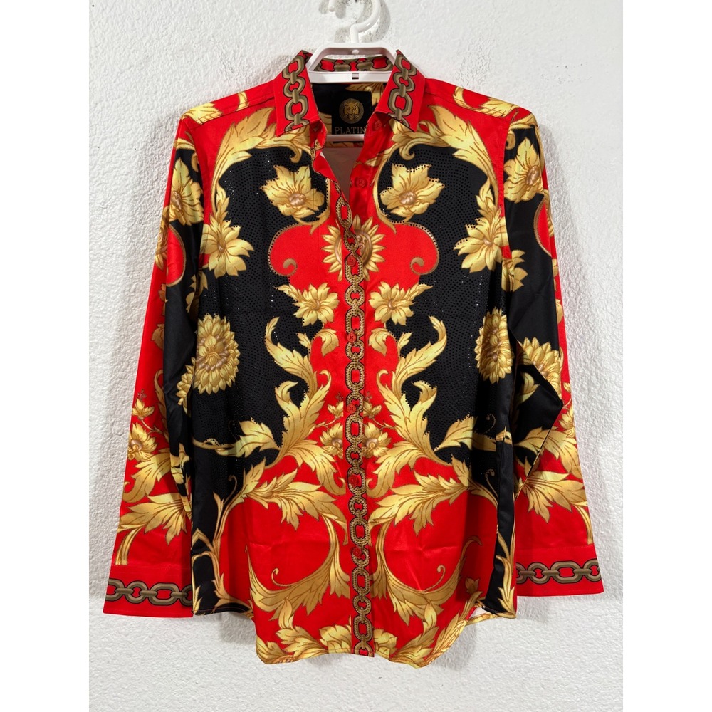Platini Button Up Shirt Womens M Red Baroque Rhinestone Embellished